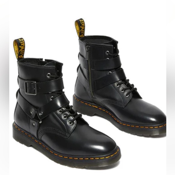 DR MARTENS CRISTOFOR BLACK LEATHER HARNESS LACE UP MOTO BOOTS NEW - Picture 5 of 16